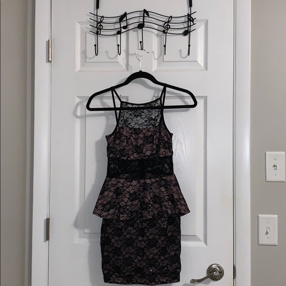 Lace pink black peplum mini skirt dress.